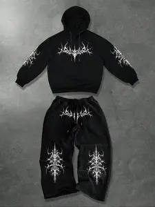 Hooded Sweatshirt & Jogger Set, Street Style Casual Wear, Geometric Pattern Print, Long Sleeve Fitted Design, Fall Winter, Matching Clothing Set
