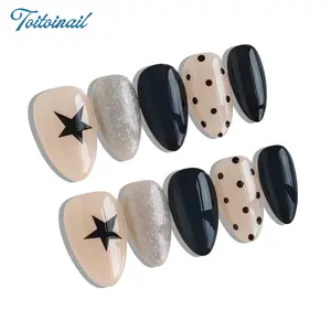 Star Dot Handmade Press-On Nails | Short Almond Shape, 10pcs Handmade | Spring Summer Trending Nude Star & Silver Glitter Polka Dots | Clean Girl Aesthetic & Baddie Nails | High Gloss Mirror Finish | Reusable DIY Manicure Kit  | Trendy Cute False Nails
