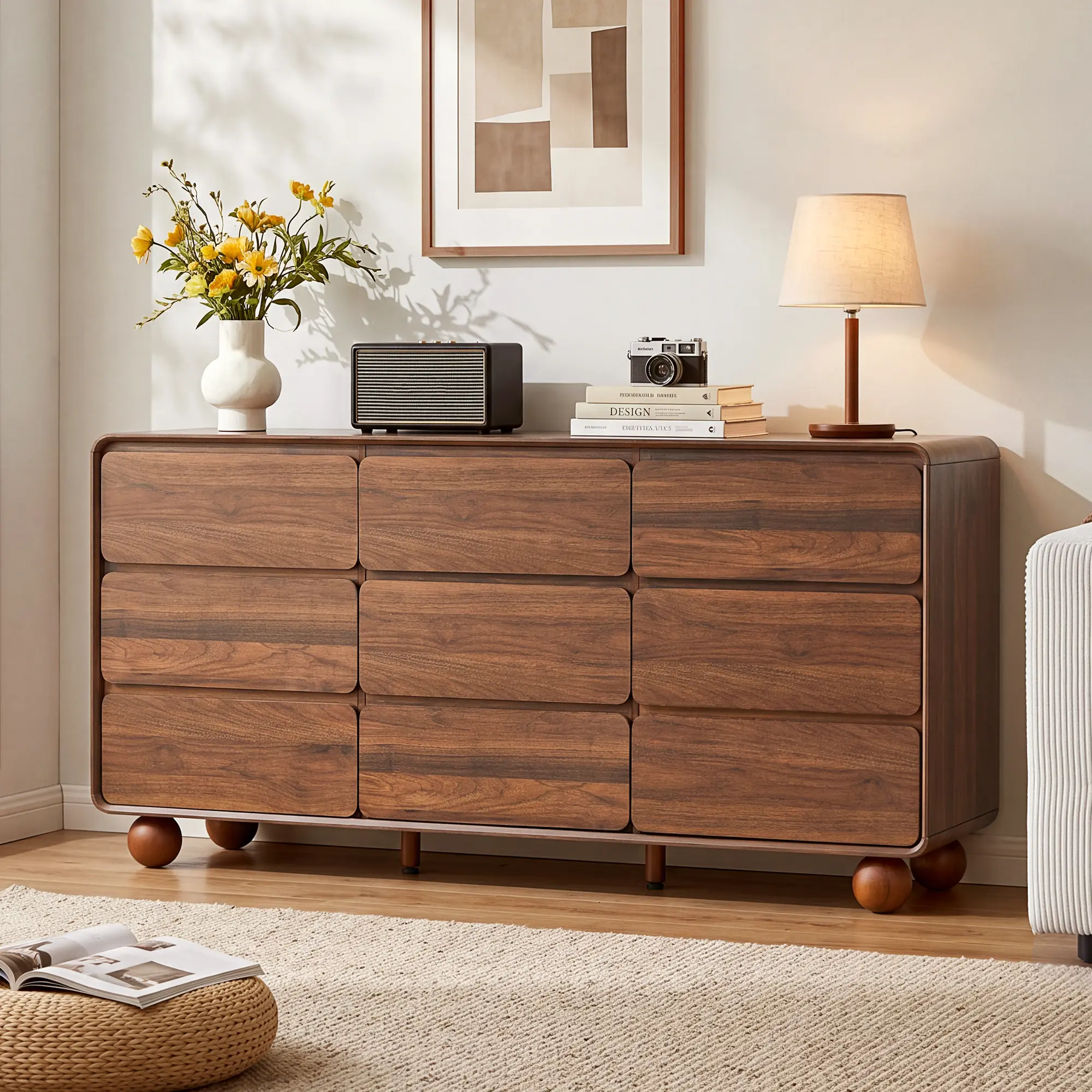 Giratree Modern 9 Drawer Dresser for Bedroom, 63" Wide Wooden Dresser Chest of Drawers, Handle Free & Curved Profile Design, Mid Century Closet Clothes Storage Organizer for Living Room