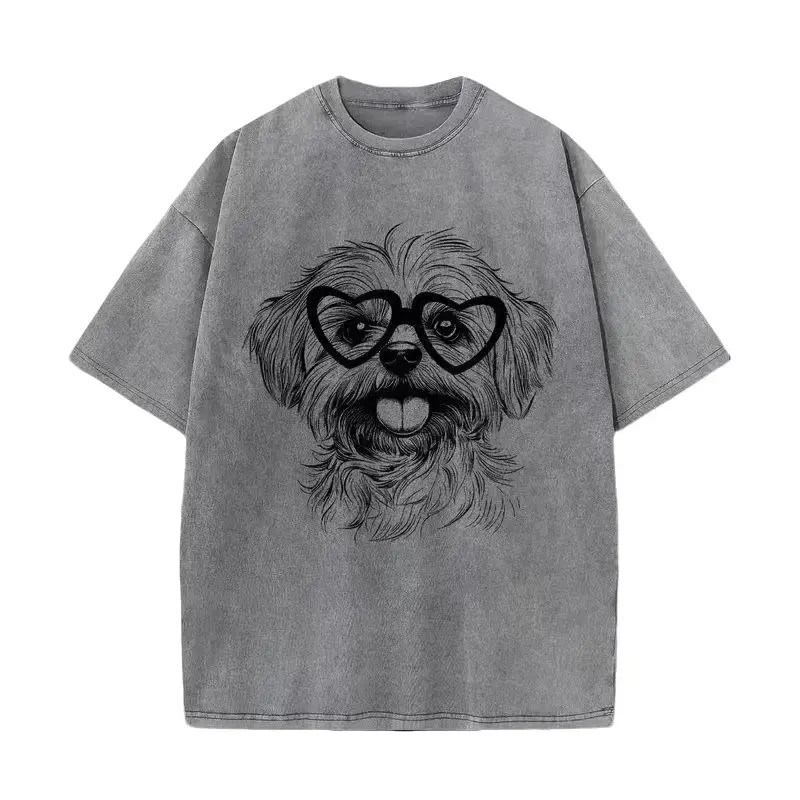 Women's 100% Pure Cotton Oversized Mineral Washed Short-Sleeve Round Neck T-Shirt - Smooth Fit, Soft Fabric, Shih Tzu Heart Glasses Line Art Graphic, Fur Pet Fan Targeted Vintage Streetwear, Retro Gift Top (Pairs with Cardigans)