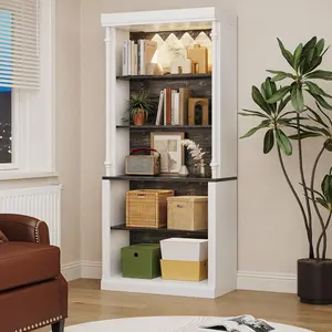5-Tier Roman Column Bookshelf with Touch-Control s Adjustable Shelves White & Black Wood Grain Freestanding Storage Organizer, White