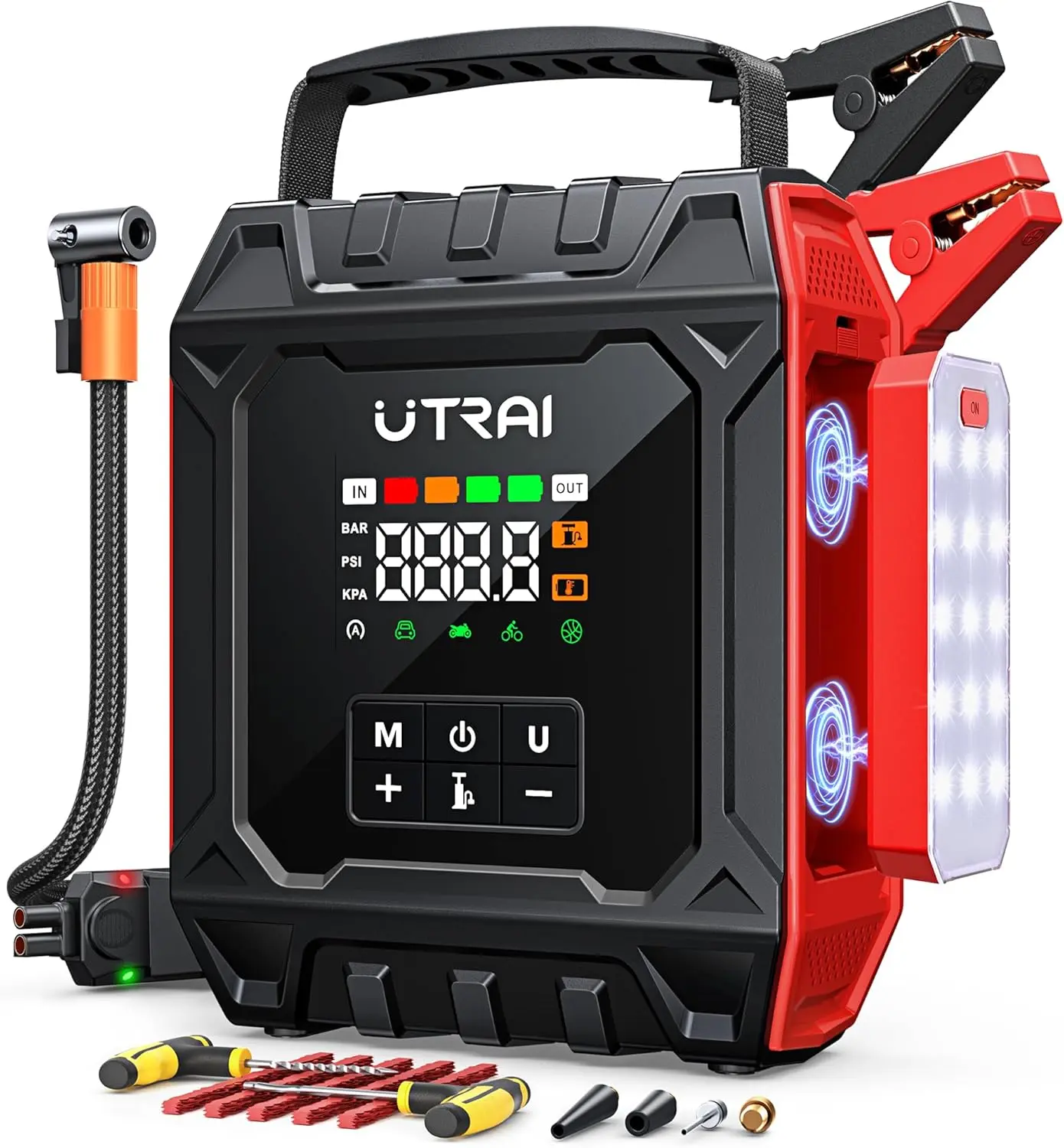 UTRAI JS-50 8000A Jump Starter with Air Compressor 160PSI, Car Battery Jumper Starter for All Gas/12L Diesel Engines, Portable Car Jump Starter Jump Box with 1000LM Magnetic Light, Tire Repair Kit