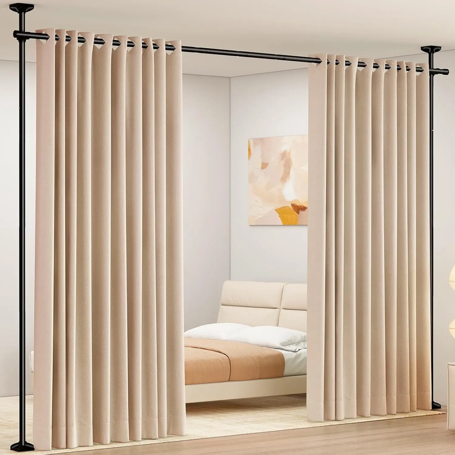 Stainless Steel Synthetic Floor-to-Ceiling Room Divider Curtain Tension Rod, No-Drilling Heavy Duty Indoor Use Accessory with Adjustable Size for Space Division, 4-10ft(H) 28-70in(W) Temporary Partition, Black