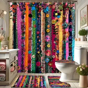 Colorful floral patchwork 2D flat design shower curtain set, non-slip mat, U-shaped rug, toilet seat cover, perfectly suited for bathroom decoration, beautifies the space, includes 12 shower curtain hooks.