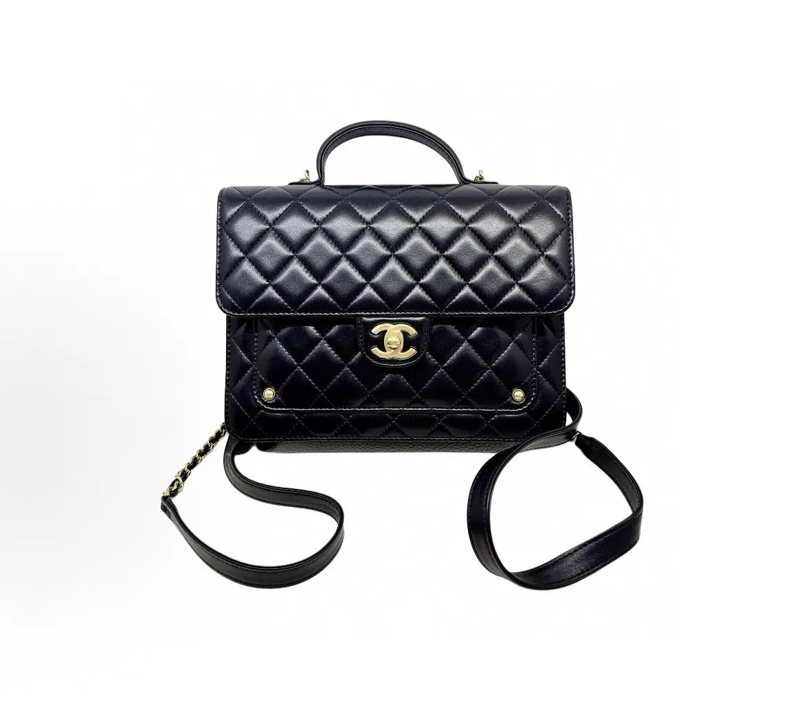 Pre-owned CHANEL 25B Vintage Handle Messenger Backpack, Black with Gold Hardware, Chip Version 2601296