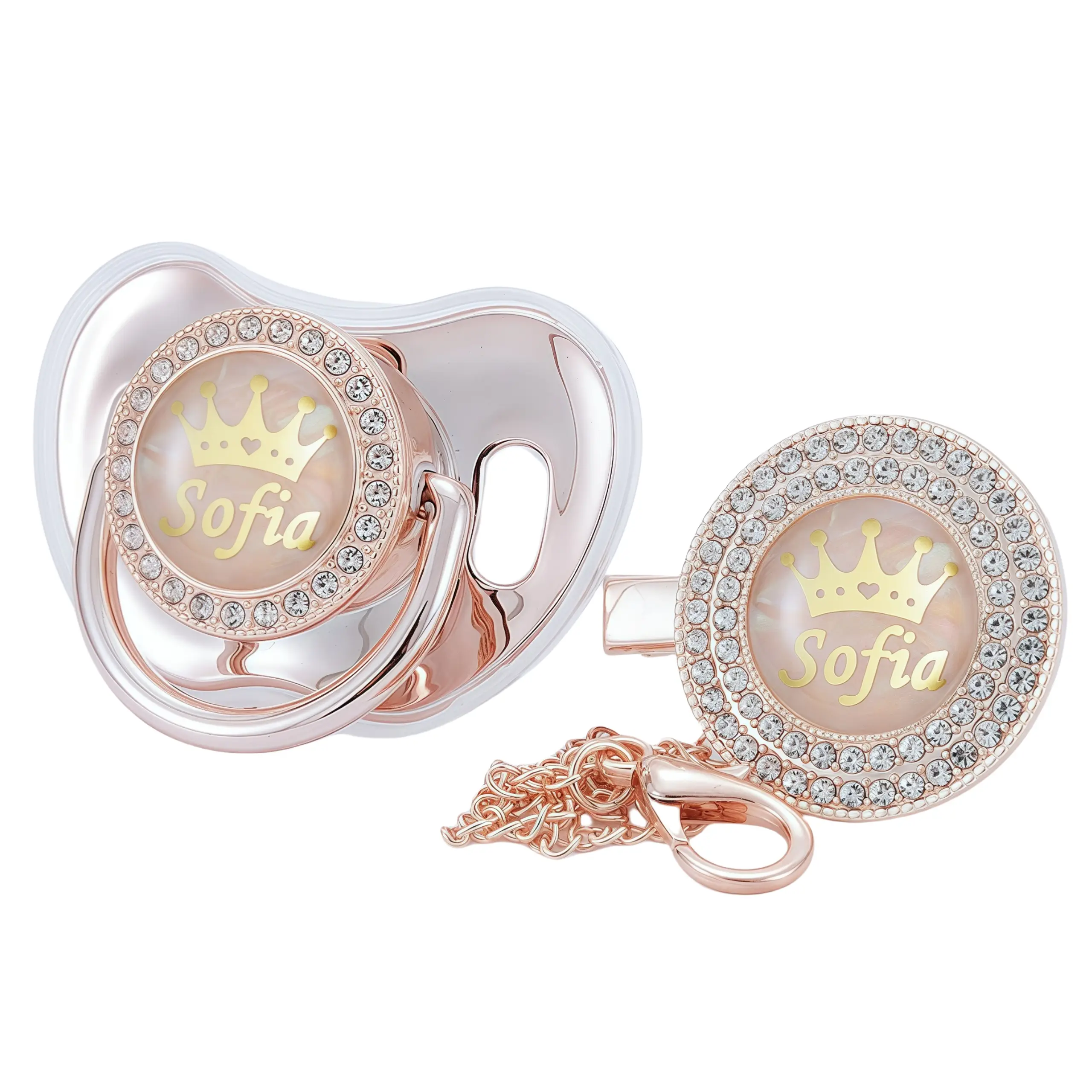 MIYOCAR Custom Rose Gold Baby Pacifier Set – Personalized Name & Bling Crown Clip | Perfect Baby Shower Gift
