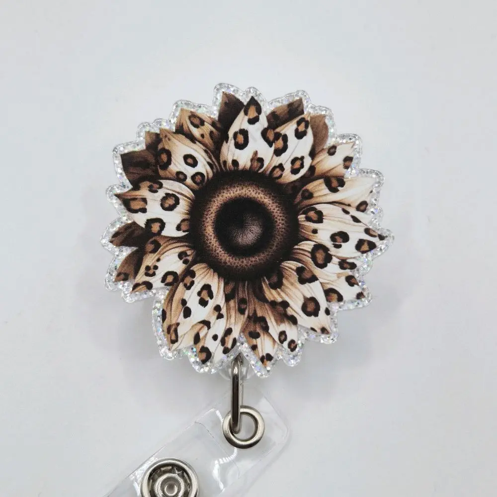Brown and Tan Sunflower Glitter Acrylic Retractable Badge ID Reel Belt or Alligator Clip
