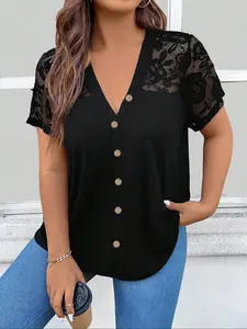 Women's Lace Patchwork Shoulder Top Blouses, Button Decorated, Pure Color V-Neck Short Sleeve Basic T-Shirt, Summer Plus Size Fashion