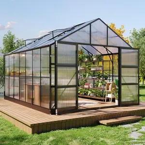 [Memorialday][Ships in Multiple Boxes] VanAcc Heavy Duty Aluminum Greenhouse with 4 Roof Vents & Rain Gutter, Suitable for Plant Cultivation, Polycarbonate Greenhouse for Outdoor, Garden Backyard, Black