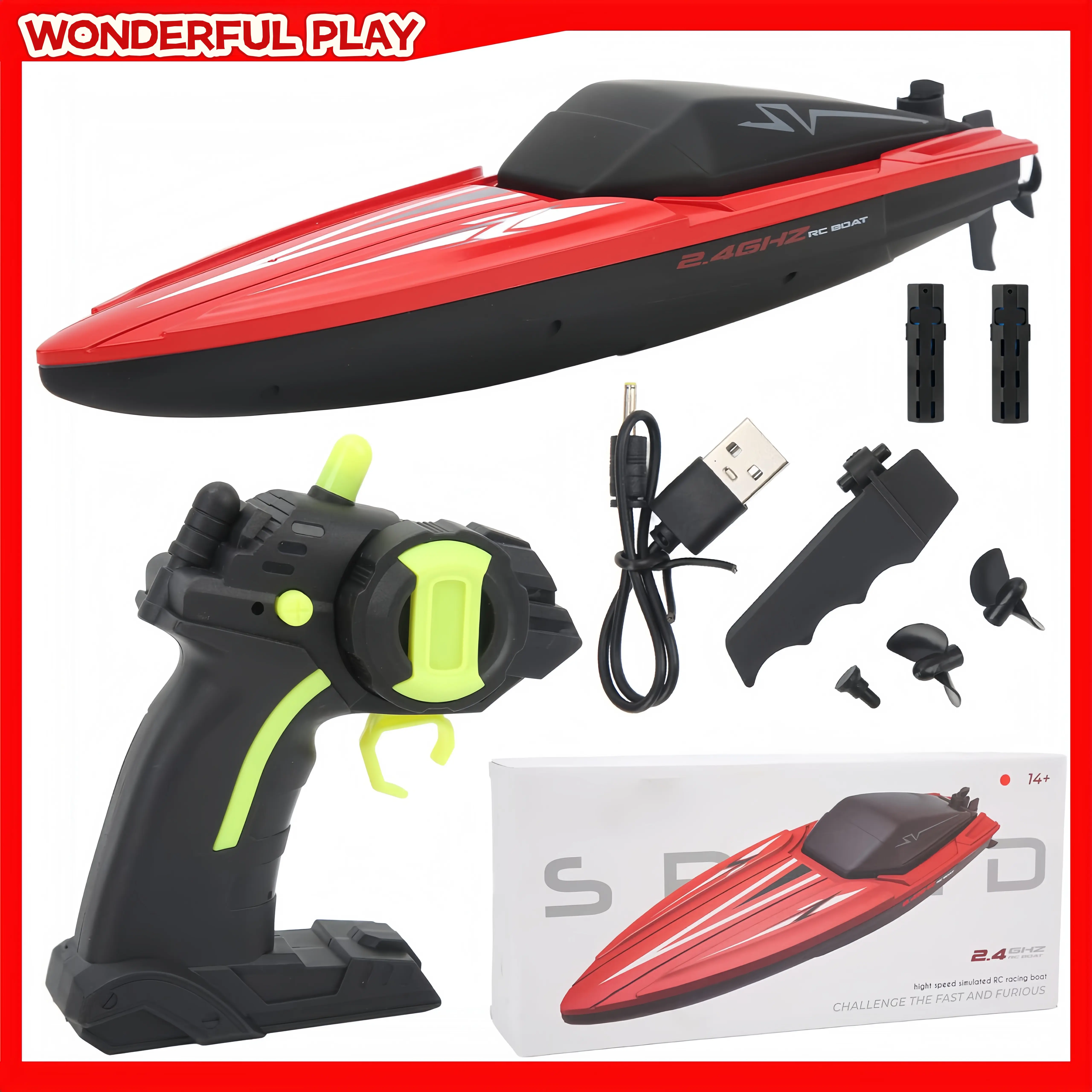 Unisex Rechargeable High-Speed RC Boat - Remote Control Racing Speedboat with USB-Charged Batteries, 60-Minute Runtime, 35*10*9cm Size, Pool Water Toy Gift for Kids