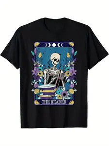 The Reader Tarot Card T - Shirt, Floral Skeleton Graphic, Black Occult Tee Menswear Top