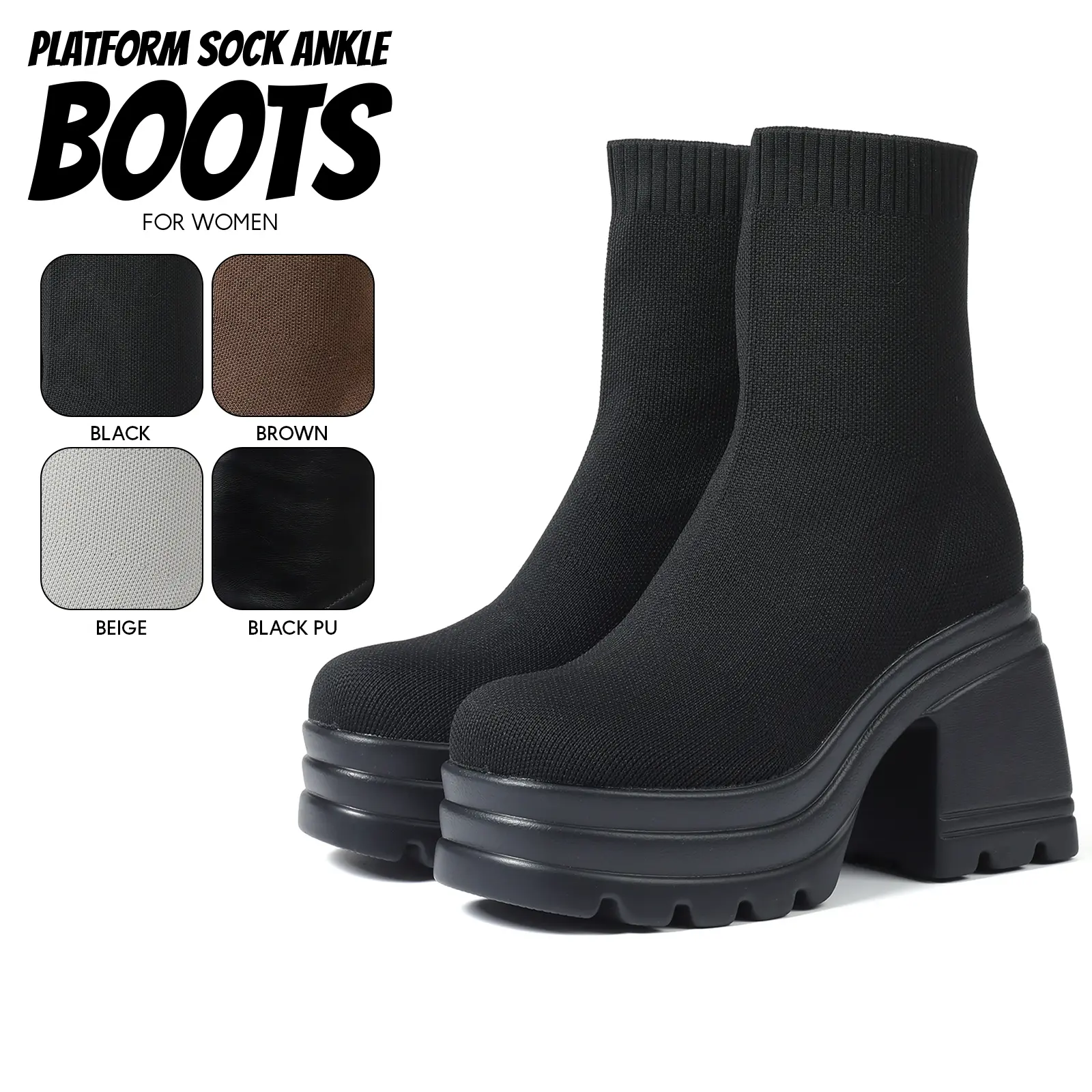 Platform Boots For Women Ankle Boot Round Toe Chunky Block Heel Stretch Sock Boots Pull On Comfy Indoor Outdoor Party Wedding Work Casual Fall Spring Girl Fashion Shoes