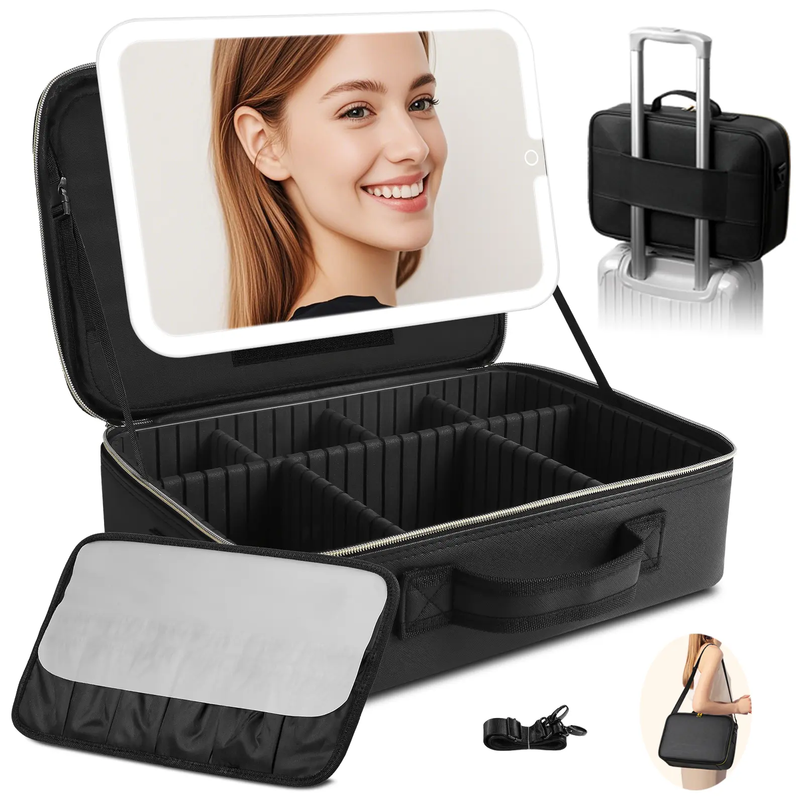 Professional Makeup Train Case with HD Dimmable Removable LED Mirror, 15''x11''x5'' Waterproof Cosmetic Organizer with EVA Dividers & Durable Shoulder Strap, Storage Organization for Travel Artists & Luggage Compatibility, Multifunctional,sunscreen, Hd Di
