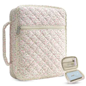 Large Bible Cover Case for Women, Floral Quilted Cotton Carrying Cases Protective Bag with Handle and Zippered Pocket for Christian, Bible Study Supplies
