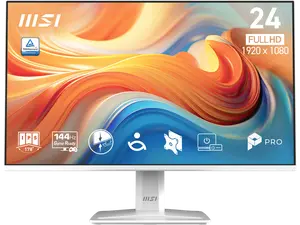 MSI PRO MP243W E14 24-inch IPS 1920 x 1080 (FHD) Computer Monitor, 144Hz, Adaptive-Sync, HDR Ready, HDMI, Display Port, VESA Mountable, Tilt, 4-Side Slim Bezel, 1ms, White