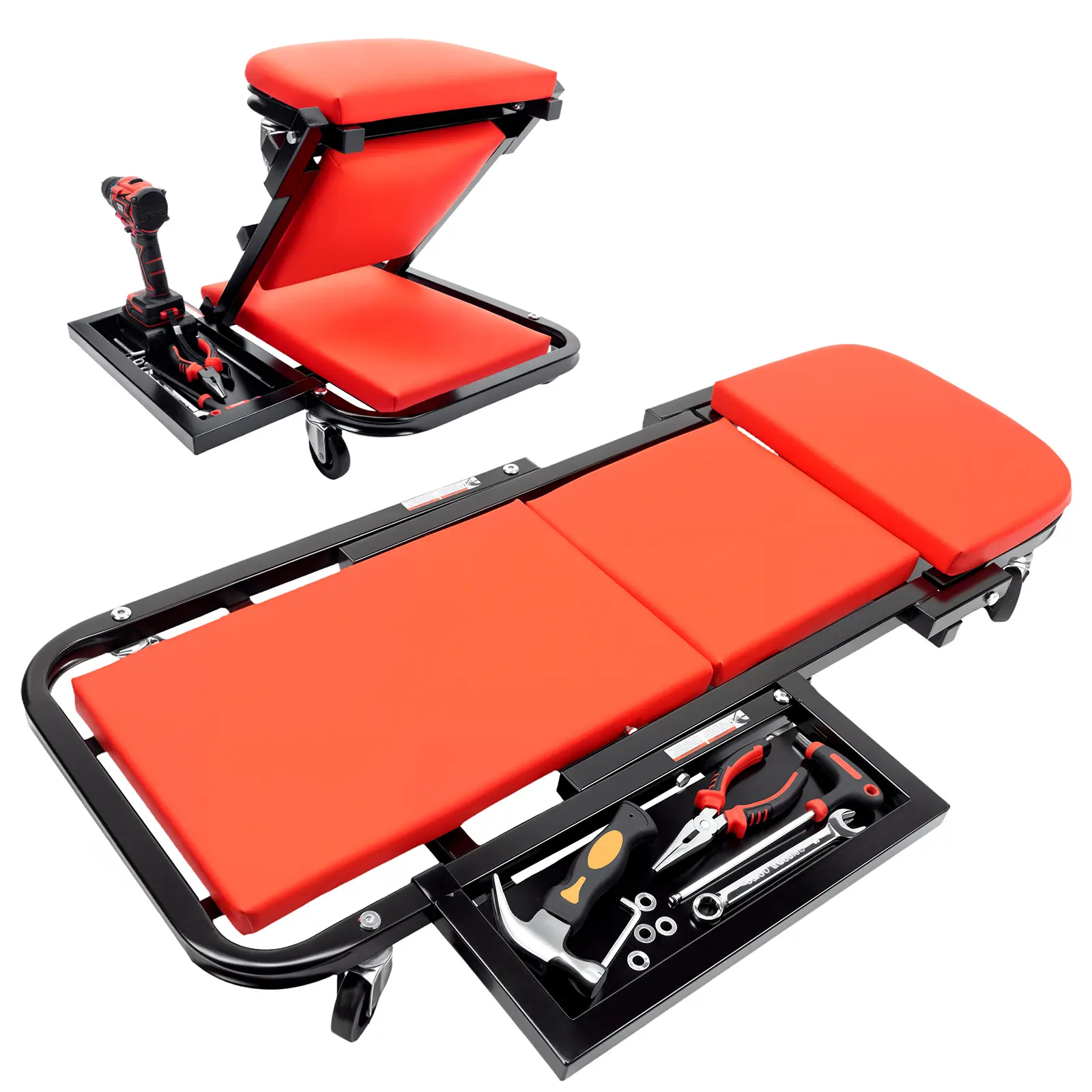 40-Inch Folding Mechanic Creeper/Stool - 360° Swivel TPR Rubber Wheels, Large Side Tool Tray, 450LBS Heavy-Duty Z-Type Quick Switch Foldable Rolling Auto Repair Seat