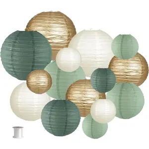 Paper Lanterns Decorative, Round Hanging Paper Lanterns Decorations for Rustic Party Bridal Shower Wedding Sage Green Birthday Party Supplies Gold/Ivory/Sage Green 15pcs