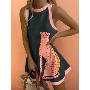 Women's beach resort summer casual loose blue plaid lemon sardine print contrast sleeveless vest dress, fashionable and comfortable animal styleRAIMENTRY