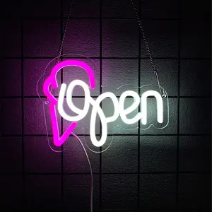 Ice Cream Open Neon Sign for Wall Decor Business Store Drink Shop LED Neon Light USB Powered Neon Art Signs Decor
