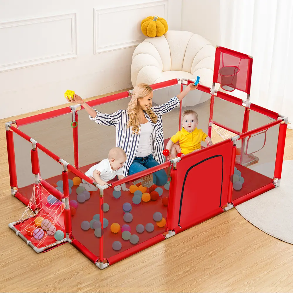 CAVEEN Baby Playpen 71.6x47.96x25.2 Inch, Safe Play Space with Basketball Hoop, Play Pens for Babies and Toddlers Baby Fence Play Yards for Indoor & Outdoor with Breathable Mesh Anti-Fall Playpen, - Easy Storage Toddler Fence for Activity & Nap, Red, DFYD