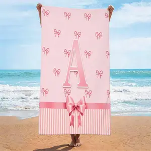Pink Bow 26 English Letter Pattern Beach Towel, Soft, Absorbent And Sun-Proof, Suitable For Teenagers And Adults, Outdoor Adventure, Beach, Swimming Pool, Camping, Travel Scenes