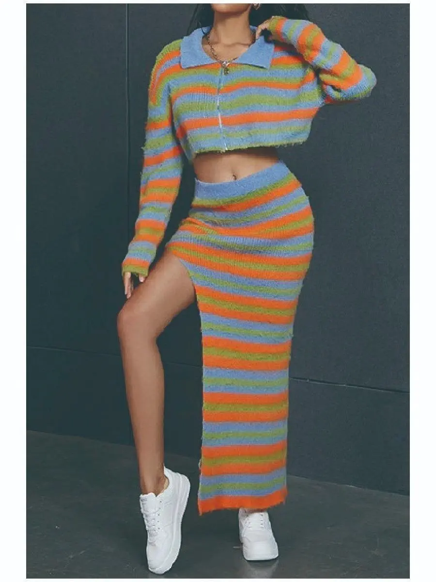 Women's Striped Knitted High-Slit Bottom, Casual Stretch Skirt with Timeless Pattern for Instant Polish