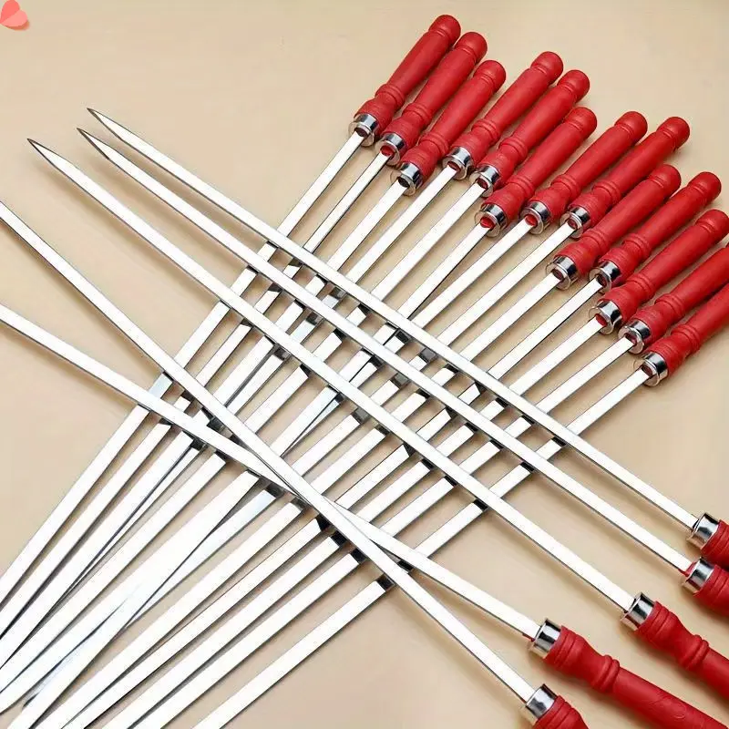 10pcs Large-Sized Stainless Steel Flat Barbecue Skewers with Thickened Insulation, Kitchen Utensils for Campfire/BBQ Party Lamb Kebab & Meat Roasting