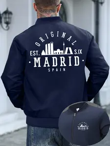 Men's Casual Stand Collar Jacket, Madrid City Print, Knit Fabric, Slight Stretch, Zipper Closure, Pockets, Fall & Winter Wear