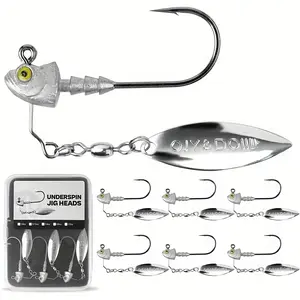 6-Pcs Underspin Jig Heads with 100% Brass Blade (Never Rust) - 3/16oz, 1/4oz, 3/8oz, 1/2oz - Bass & Saltwater Fishing