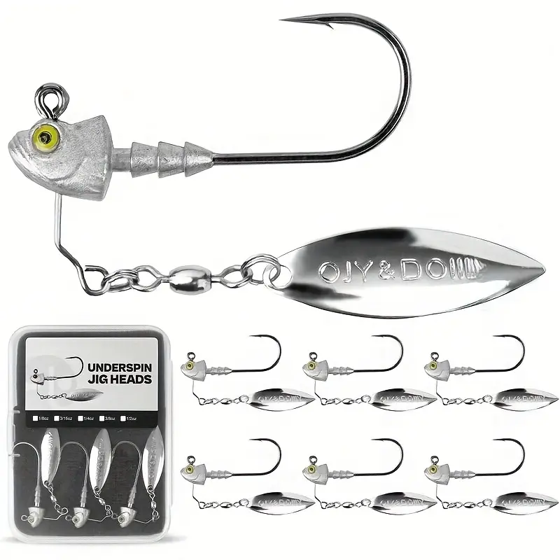 Underspin Lead Jig Heads, 6-Piece Bass Jig Lures Set with Rust-Free Brass Blade, Multi-Size Assortment for Saltwater Fishing, Small Fishing Lure Terminal Tackle, 1/2Oz, 3/16Oz