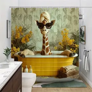 Tropical Giraffe Bath Curtain, Creative Bathroom Decor, Plant Background, Flower Accents, Fashion Home Essential