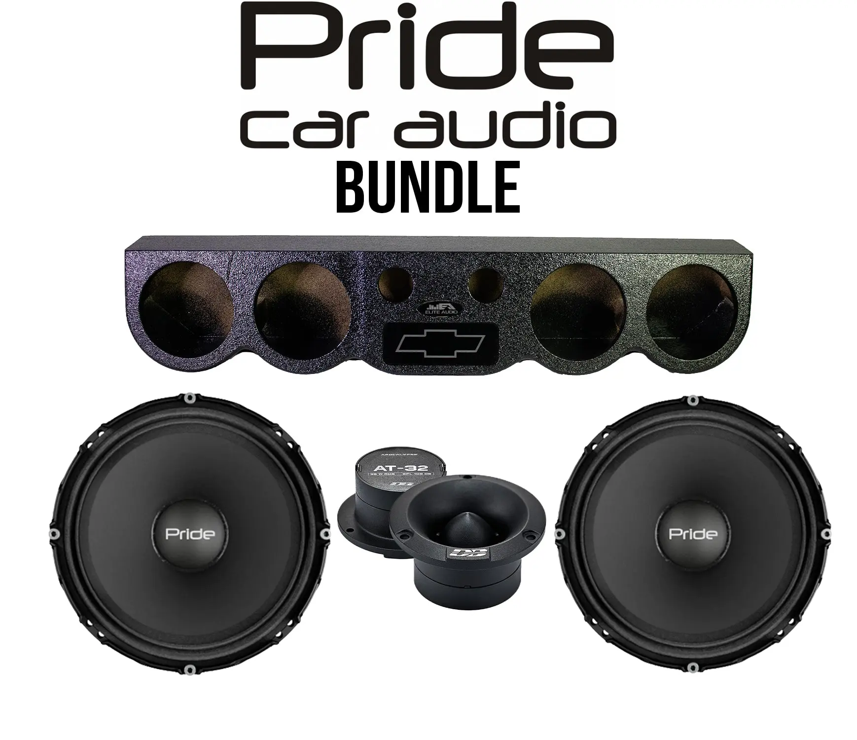 Pride Car Audio Upgrade Bundle - SS-ROOFPANEL 4x6.7in Sound Bar Pod with Chevy Logo, 2 Pride Solo 300 Competition 6.5in Midrange Speakers, Deaf Bonce Apocalypse AT-32 Tweeters for Aggressive Sound & Loudness, Sound System
