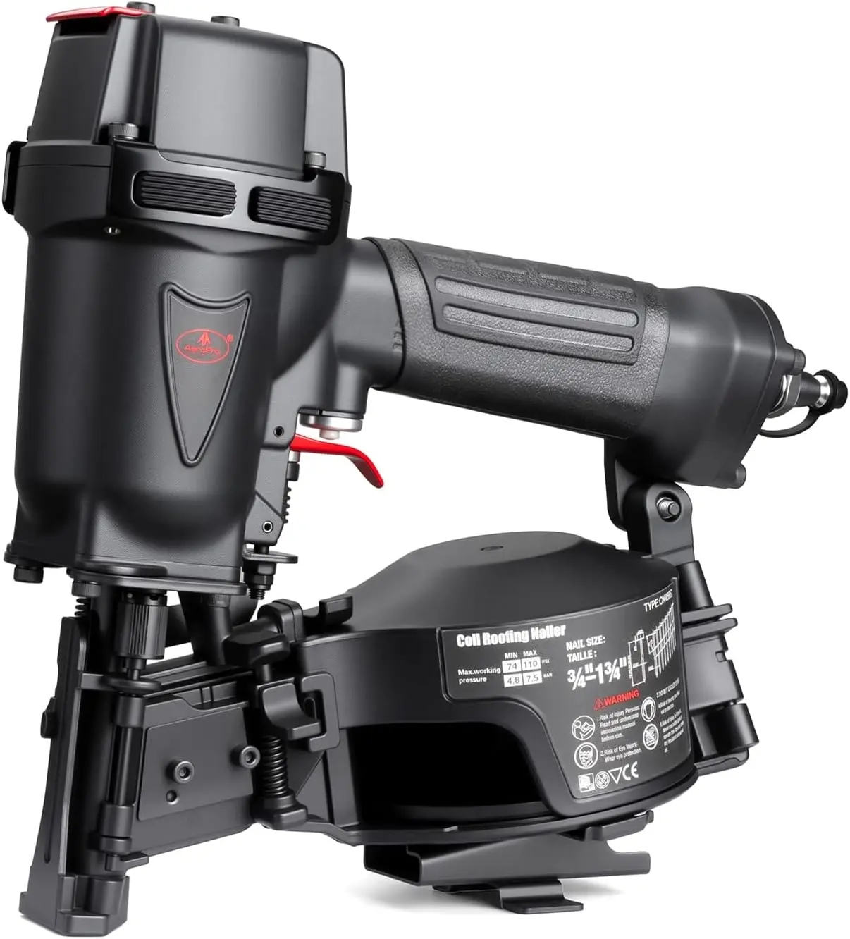 15 Degree Coil Roofing Nailer for 3/4″ up to 1-3/4″ Roofing Nails| 120-Nail Coil Capacity, 70–110 PSI, Professional Heavy-Duty Pneumatic Tool, Suitable for Asphalt Roof Shingle Installation
