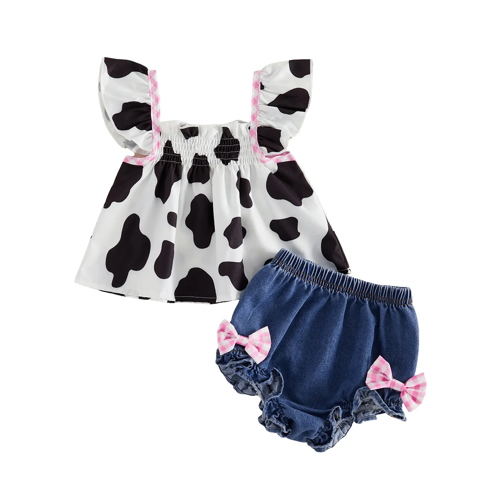 Toddler Baby Little Girls Summer Outfits Cow Print Flutter Sleeves Tops and Cute Bow Ruffled Denim Shorts Set 3M-3T