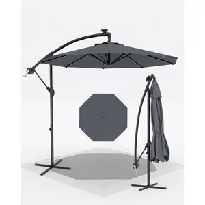 YJ-Garvee 10FT Solar LED Offset Cantilever Patio Umbrella with Waterproof Polyester Canopy, UV Protection, Infinite Tilt Adjustment, Easy Crank, Powder-Coated Steel Frame, LED Lights, Cross Base for Outdoor Deck, Pool, Garden