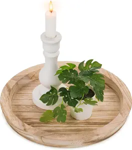 Rustic Wooden Serving Tray: Round Wood Decorative Tray Rustic Centerpiece Candle Holder Trays Farmhouse Ottoman Tray for Decor Kitchen Counter Home Decor for Coffee Table