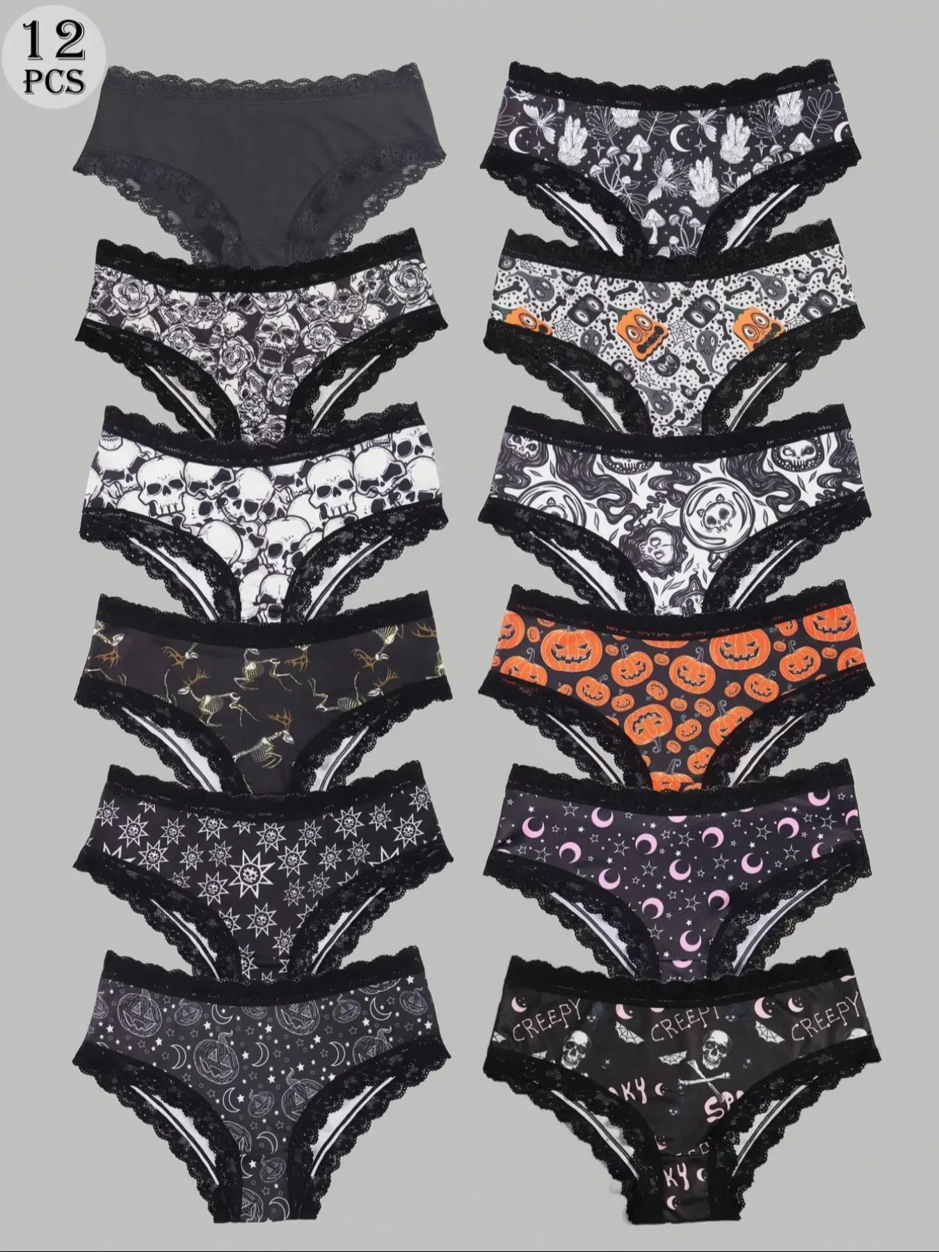 Morvia 12-Piece Women's Lace Trimmed Triangle Knicker Set, Lace Trim Panty, Sexy Comfortable All over Print for Halloween, Perfect Gift Choice