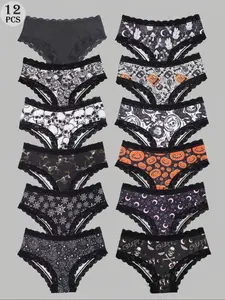 Morvia 12-Piece Women's Lace Trimmed Triangle Panties Set, Lace Trim Panty, Sexy Comfortable All over Print for Halloween, Perfect Gift Choice