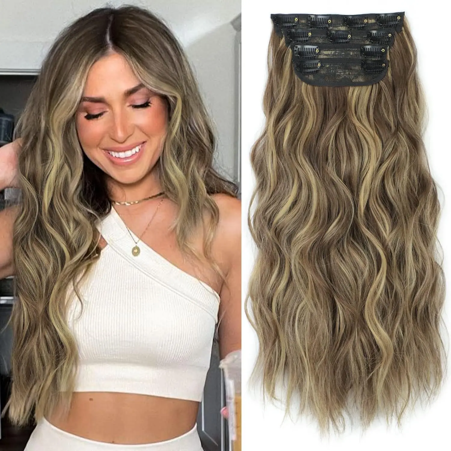 Hair Extensions, 4PCS Clip in Hair Extensions Natural Soft Synthetic Hairpieces for Women, Mixed Brown & Blonde