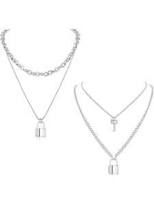 2 Pcs Gold Plated Chain Necklace for Women Men Stainless Steel Couple Necklace Lock and Key Pendant Punk Choker Layered Necklace Set Jewelry Accessories