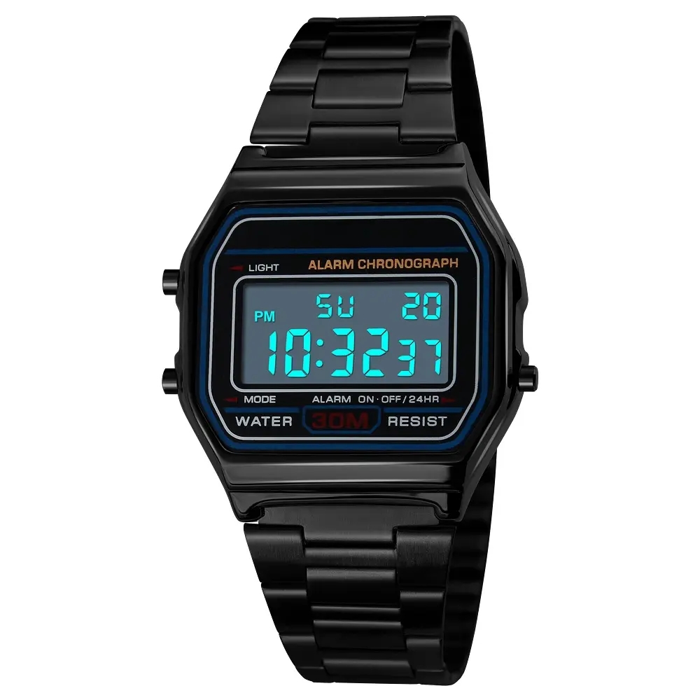 Men’s Fashionable Digital Watch - Black Stainless Steel Modern Fashionable Sport Wristwatch, Multifunctional with LED Backlight, Stopwatch, Alarm, Date, 12/24H Time, 30M Water Resistance for Outdoor Use, Modern Fashionable Wristwatch