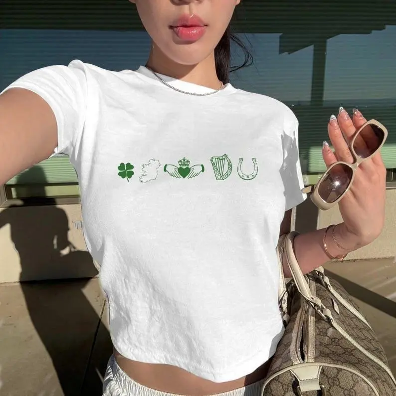 Irish BabyTee - Funny St Patrick's Day Shirt Y2k Lucky Tee 2000s Crop Top Ireland Trendy 90's BabyTee Gift For Her