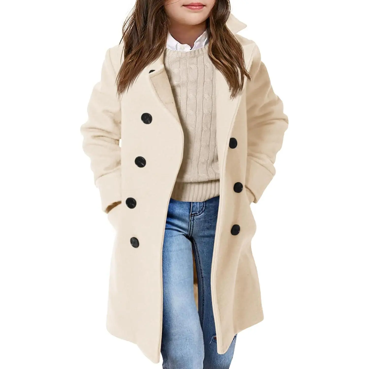 Haloumoning Girls' Double Breasted Trench Coat with Notch Lapel, Kids' Long Belted Jacket with Pockets, Ages 5-14, Kids Clothing Girls, Trench‑Style Polish