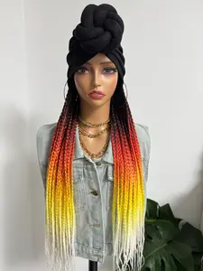 Long 24Inch Synthetic Black  Box Braided With Headband Elasticated Band Turban Hat Box Braiding Hair Extensions Head Scarf Easy Hairstyle Wigs For Black Women Knotless Box Braid
