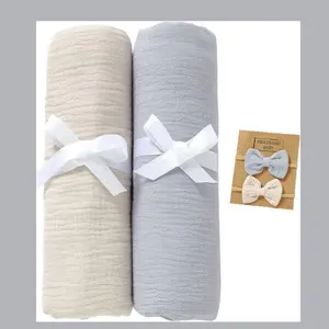 2 Pack Muslin Swaddle Blankets with Headband Set 47x47 Inch 100% Organic Cotton Baby Blankets for Newborns Toddlers Nursery Receiving Blankets Boys Girls Khaki Grey Easter Gift
