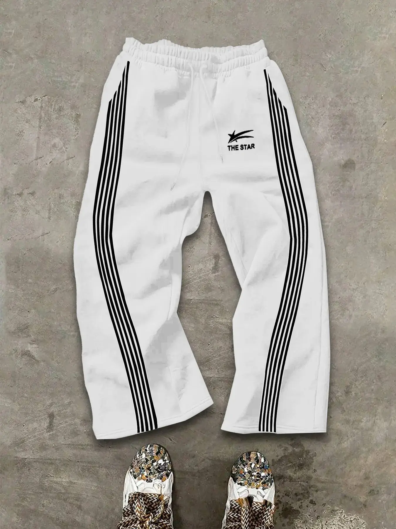 Striped Sporty Sweatpants with Side Bars & the Star Logo, Drawstring Waist, Loose Fit, Skin-Friendly Fabric for Daily Wear, Athleisure Style Pants, Athleisure Bottoms
