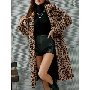 Women’s leopard print fuzzy coat with open front and pockets, elegant long-sleeve collared plush outerwear for fall and winter, women’s clothing for everyday wear