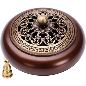 Copper Incense Burner, with Incense Stick Holder & Fire Cotton Lotus Incense Holder Cone Coil Incense Burner Ash Catcher with Lid for Indoor Ornament Handicraft Gifts