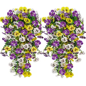 Artificial Fake Hanging Flowers Plants, Decorative Artificial Flowers, 4 Pack Faux Silk Pansy, UV Resistant, Outdoor Spring Decoration, Home Indoor Porch Patio Balcony Decor