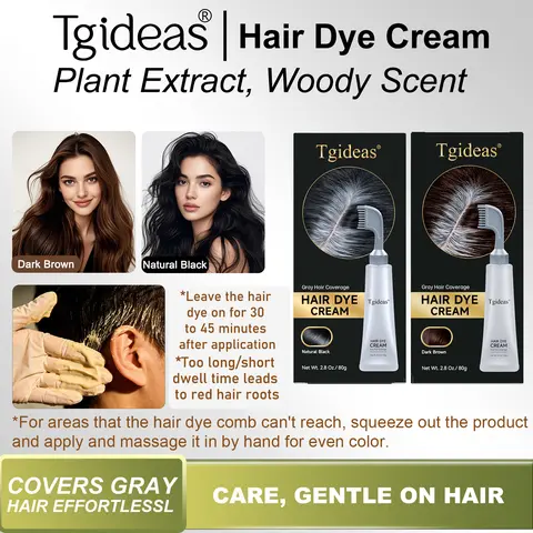 Tgideas Hair Dye Comb & Cream - Portable Home Use, Triple Treatment, Hyaluronic Acid, 100% Gray Hair Coverage, Ammonia-Free & Low-Alkaline Formula, Gentle, Low Sensitivity, Smart Safety, No Stress, Black/Brown Options, 1 Box (With Dyeing Tools), Haircare